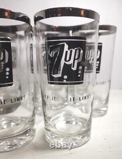 ULTRA RARE 1960s 1970s 7up Silver Rim Glass 5.5 Tumbler Set Of 8 Must SEE