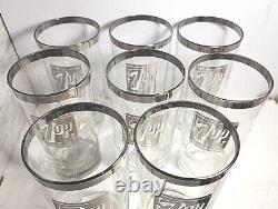 ULTRA RARE 1960s 1970s 7up Silver Rim Glass 5.5 Tumbler Set Of 8 Must SEE