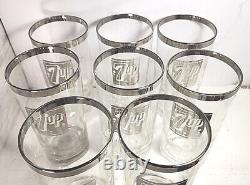 ULTRA RARE 1960s 1970s 7up Silver Rim Glass 5.5 Tumbler Set Of 8 Must SEE