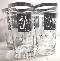 ULTRA RARE 1960s 1970s 7up Silver Rim Glass 5.5 Tumbler Set Of 8 Must SEE