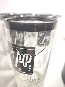 ULTRA RARE 1960s 1970s 7up Silver Rim Glass 5.5 Tumbler Set Of 8 Must SEE