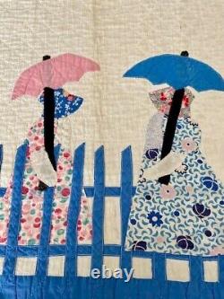 Unique Blue / White Antique Quilt Sunbonnet Ladies, Umbrellas &Fence. Must See
