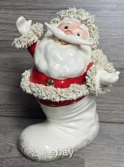 Vintage Christmas Rare Mustache Santa In Boot Figurine WithSpaghetti Trim Must See