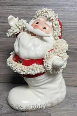 Vintage Christmas Rare Mustache Santa In Boot Figurine WithSpaghetti Trim Must See