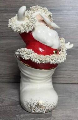 Vintage Christmas Rare Mustache Santa In Boot Figurine WithSpaghetti Trim Must See