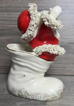 Vintage Christmas Rare Mustache Santa In Boot Figurine WithSpaghetti Trim Must See