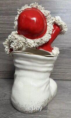 Vintage Christmas Rare Mustache Santa In Boot Figurine WithSpaghetti Trim Must See