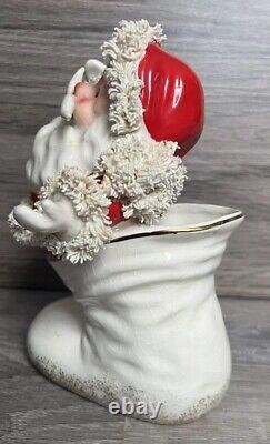 Vintage Christmas Rare Mustache Santa In Boot Figurine WithSpaghetti Trim Must See