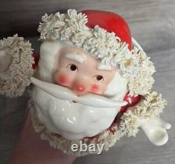 Vintage Christmas Rare Mustache Santa In Boot Figurine WithSpaghetti Trim Must See