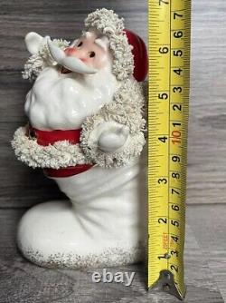 Vintage Christmas Rare Mustache Santa In Boot Figurine WithSpaghetti Trim Must See