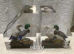 Vintage Estate Pair Of 3-D Mallard Ducks Lucite Bookends WOW MUST SEE