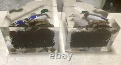 Vintage Estate Pair Of 3-D Mallard Ducks Lucite Bookends WOW MUST SEE