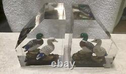 Vintage Estate Pair Of 3-D Mallard Ducks Lucite Bookends WOW MUST SEE