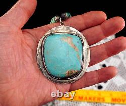 Vintage HUGE Navajo Turquoise Necklace Medallion Pendant Silver Setting MUST SEE