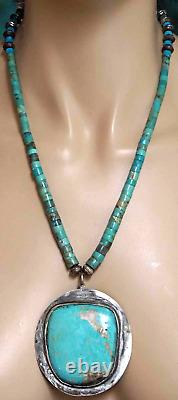 Vintage HUGE Navajo Turquoise Necklace Medallion Pendant Silver Setting MUST SEE