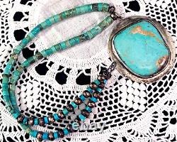 Vintage HUGE Navajo Turquoise Necklace Medallion Pendant Silver Setting MUST SEE