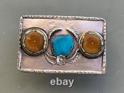 Vintage OLD Navajo Sterling Silver Turquoise Unusual Belt Buckle Must See