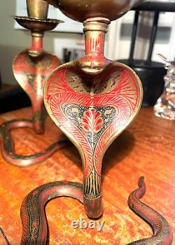 Vintage Pair Brass Cobra Snake Serpent Candlestick Candle Holders 6.75 MUST SEE