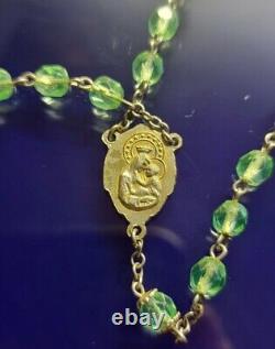 Vintage Uranium Glass Rosary 19 With Madonna And Child Lacquer Box Must See