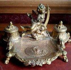 Vtg Antq 1880s VICTORIAN Gilded double INKWELL Cherub on Cresent Moon MUST SEE