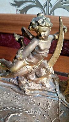 Vtg Antq 1880s VICTORIAN Gilded double INKWELL Cherub on Cresent Moon MUST SEE